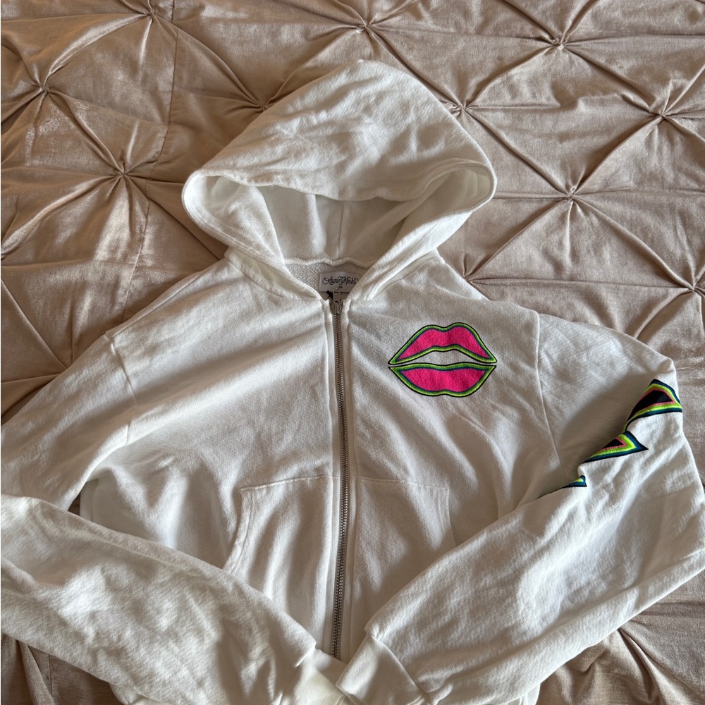 NWT Lauren Moshi White Hoodie with Lips & Evil Eye